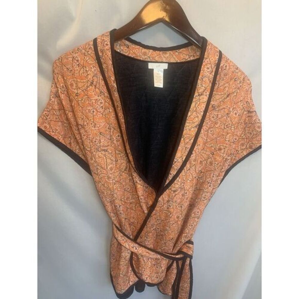 J Jill Belted Quilted Ruana Jacket Kimono Size S-L Orange Paisley Belted - Picture 2 of 7
